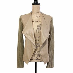 BB Dakota tan faux leather drape front sweater